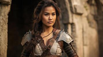 Fierce female warrior in battle armor photo