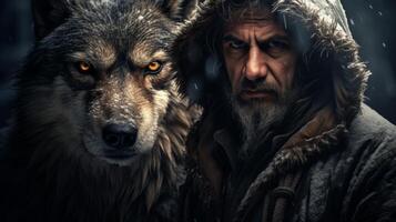 Rugged man with wolf in snowy wilderness photo