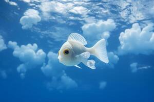 Serene underwater scene with a white fish swimming in a cloudy blue sky photo