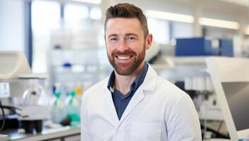 Smiling scientist in lab coat photo