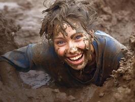 joyful child covered in mud smiling photo