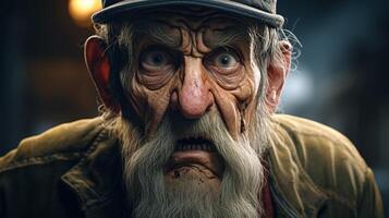 Intense close up of an old man with a long beard and weathered face photo