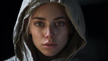 Thoughtful woman in white hooded scarf photo