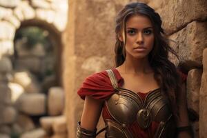Powerful female warrior in ancient armor photo