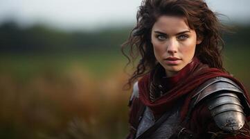 Warrior woman in medieval armor on a field photo