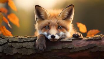 curious fox peeking out from behind tree photo