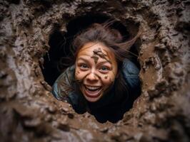 Adventurous woman exploring a dark cave photo