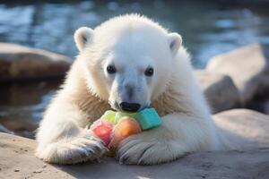 Cute polar bear playing with colorful ice cubes photo