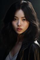 Mysterious asian woman in dark clothing photo