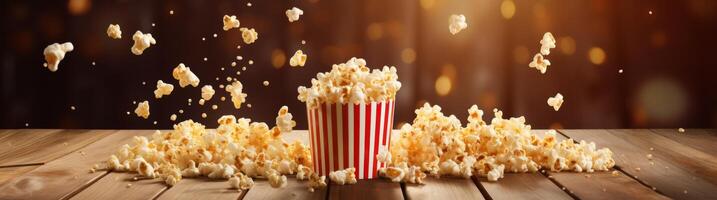 Popcorn spilled on wooden table with sparkling lights photo