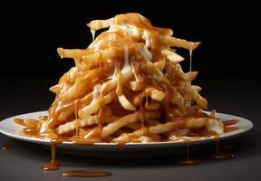 Delicious pile of french fries with melted cheese and caramel sauce photo