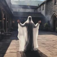 Ghostly figure in haunted courtyard photo