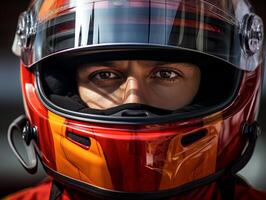 close up of race car driver in red helmet photo