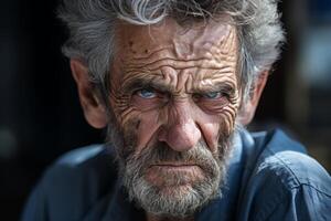 Close up portrait of an elderly man with a weathered face and piercing blue eyes photo