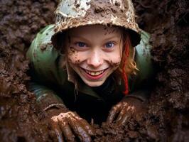 smiling child playing in mud photo