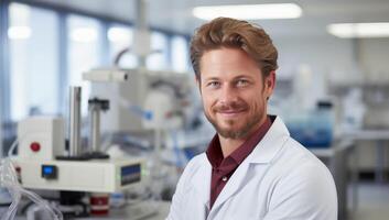 Smiling scientist in lab coat photo