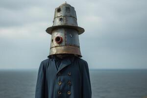Mysterious figure in vintage spacesuit like helmet standing in front of ocean photo