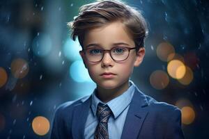 Serious young boy with glasses and suit photo