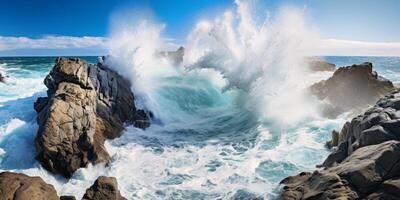 Powerful ocean waves crashing against rocky cliffs photo