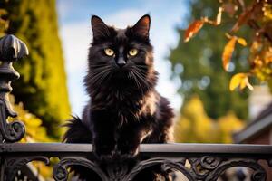 Captivating black cat with piercing eyes in autumn setting photo