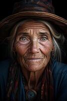 Weathered face of an elderly woman wearing a traditional hat photo
