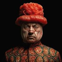 Surreal portrait of a man with a vibrant red wig photo