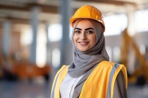 smiling woman in construction worker uniform photo