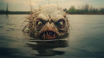 Terrifying creature emerging from the depths of a lake photo