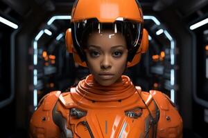 futuristic astronaut in orange spacesuit photo