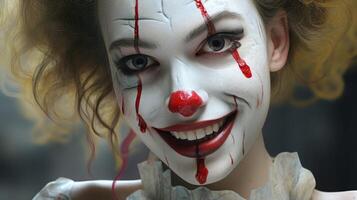 creepy clown with red makeup and smile photo