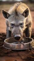 Closeup of a dirty pig drinking from a metal bowl photo