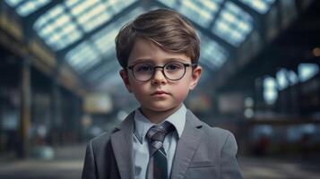 young boy in formal attire with serious expression photo