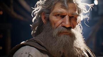 Weathered old man with long beard and intense gaze photo