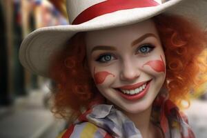 smiling clown with red nose and curly hair photo