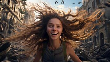 Joyful woman with flowing hair in the wind photo