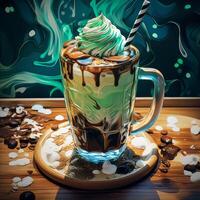 Delicious milkshake with whipped cream and chocolate drizzle photo