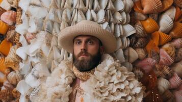 man in straw hat surrounded by seashells photo