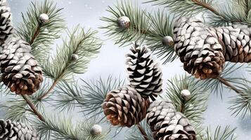 Snowy pine branches and pine cones photo