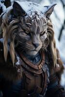 Fierce snow leopard warrior in winter forest photo