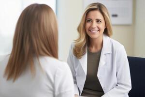 female doctor smiling and talking to patient photo