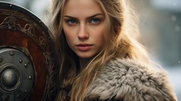 Fierce female warrior with shield and fur coat photo