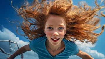 Joyful young woman with flowing red hair in the wind photo