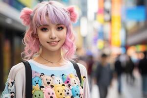 Smiling woman with colorful hairstyle and cute sweater photo