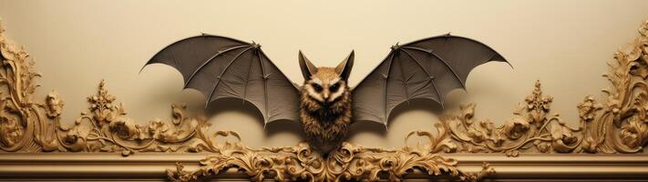 Winged creature with bat like wings perched on ornate golden frame photo