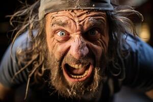Intense close up of a wild looking man with a grizzly beard and intense expression photo