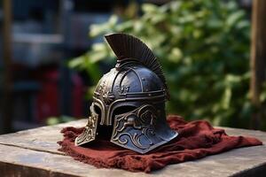 Ornate Spartan Helmet on Red Cloth photo