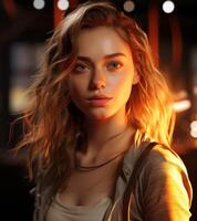 Alluring woman with flowing hair in dramatic lighting photo