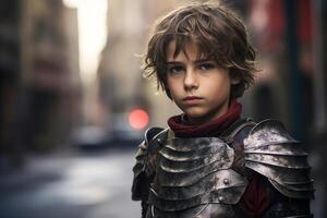 young warrior with armor and scarf in city photo