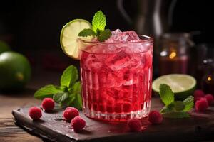 Refreshing raspberry cocktail with lime and mint photo