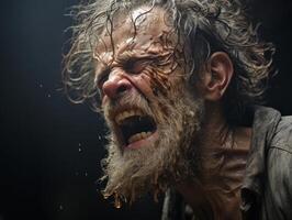 Intense expression of an elderly man with a long, wild beard photo